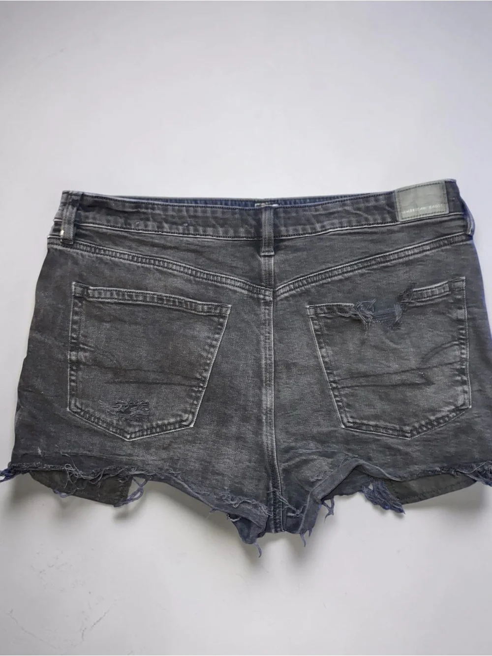 American Eagle Distressed Black Denim Shorts with Crochet Patchwork Trim sz 16